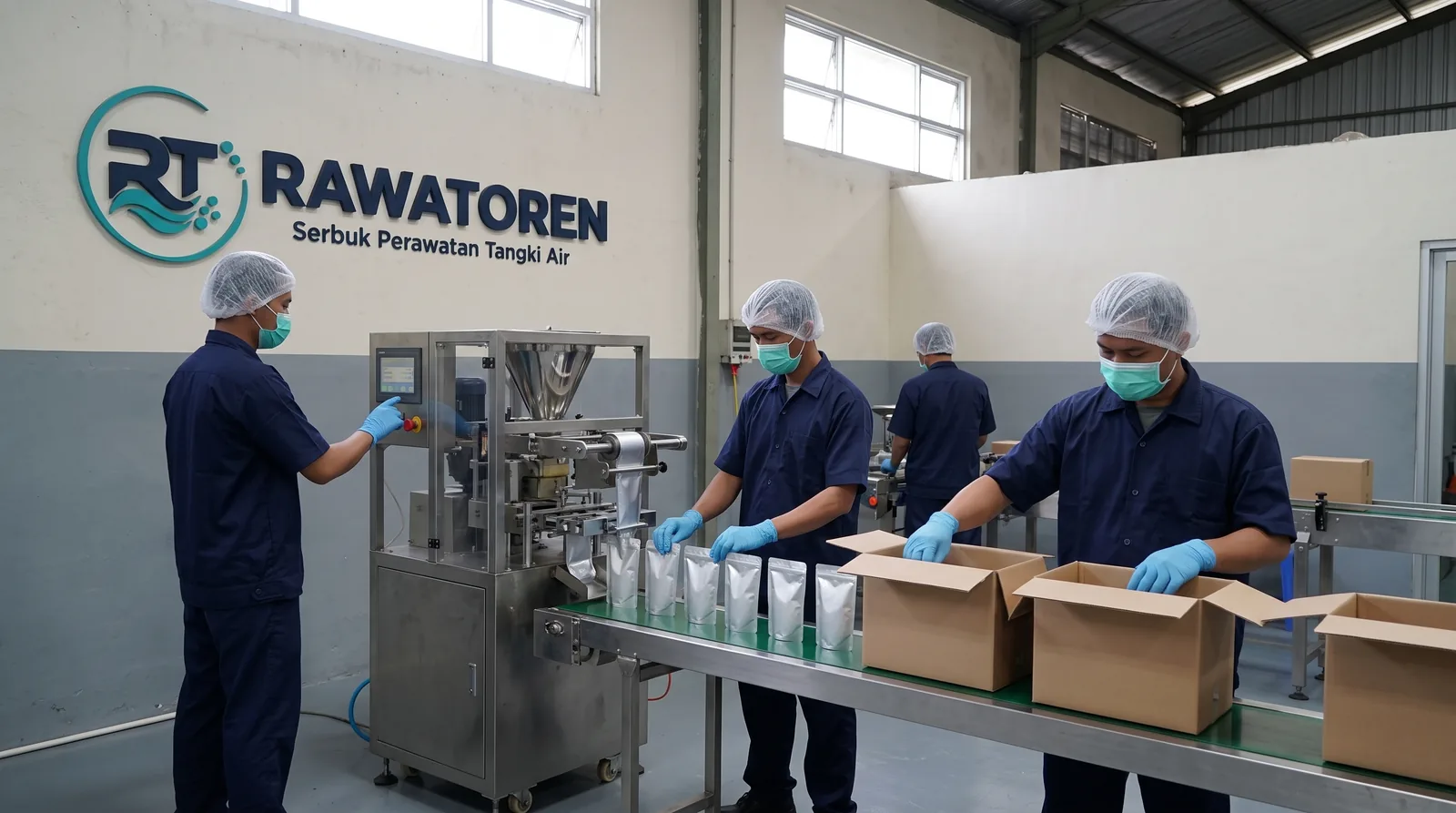 Visual konsep proses pengemasan serbuk RAWATOREN